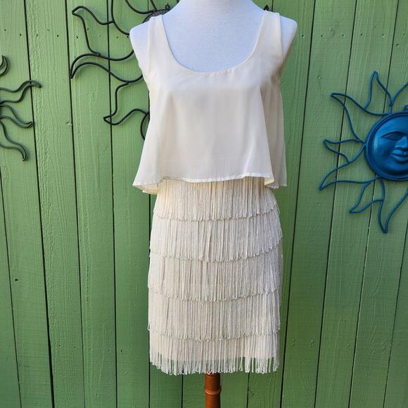 Y2K American Eagle Outfitters Boho Flapper Cream Fringe Mini Dress - Picture 1 of 5